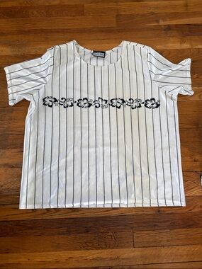 Steven Paul White Pinstripe Tee with Black Floral design Vintage